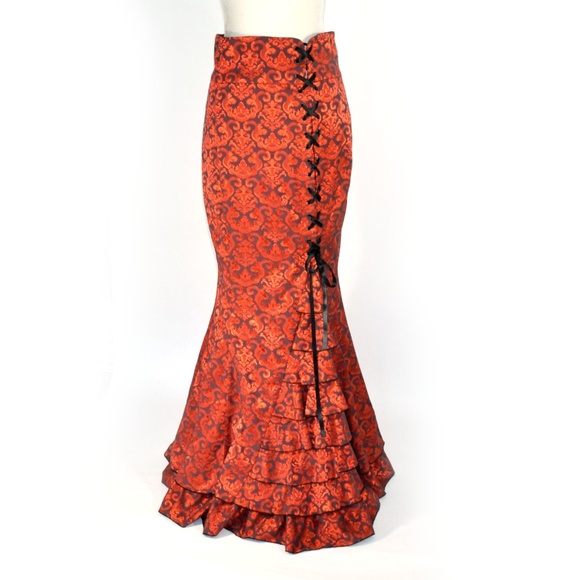 Chic Star Dresses & Skirts - Red Jacquard Laces and Ruffles Fishtail Skirt
